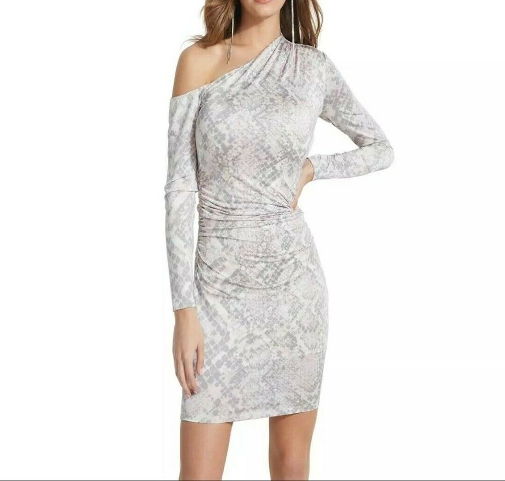 Guess SMALL Marian Gray Snake Print Asymmetrical Party Dress BODYCON NEW